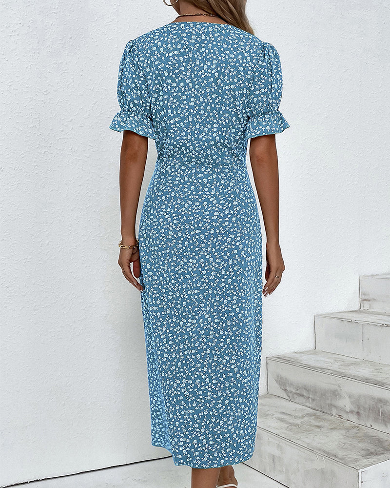Larissa | Women's Floral Midi Dress with V-Neck & Puff Sleeves | Elegant Summer Wedding Guest Dress