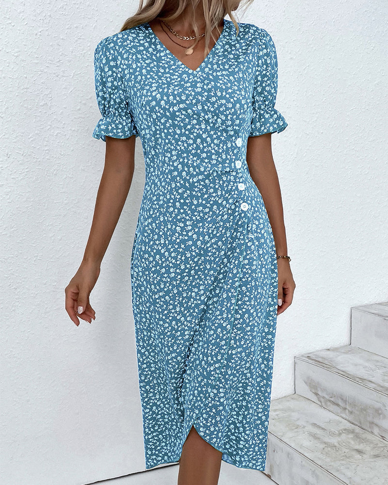 Larissa | Women's Floral Midi Dress with V-Neck & Puff Sleeves | Elegant Summer Wedding Guest Dress