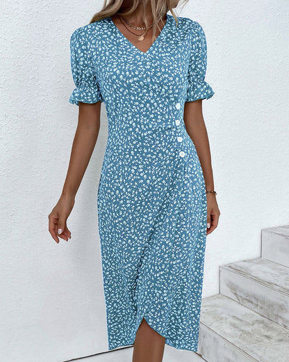 Larissa | Women's Floral Midi Dress with V-Neck & Puff Sleeves | Elegant Summer Wedding Guest Dress