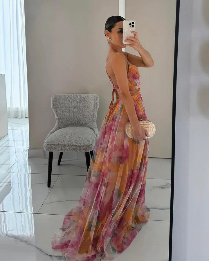 Lily Collection | Women's Floral Maxi Dress with Adjustable Fit | Elegant Chiffon for Wedding Guest or Summer Events
