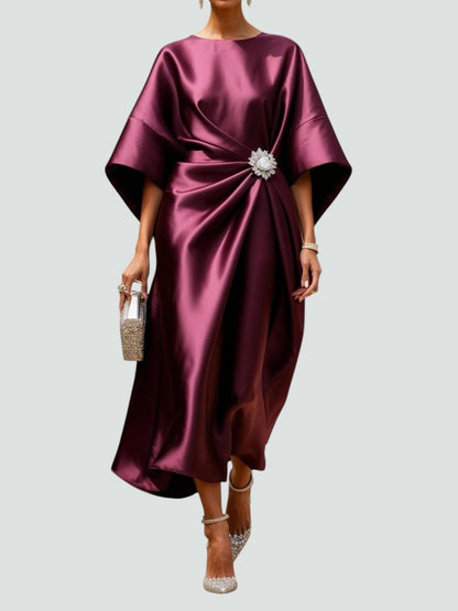 Luneth | Women's Midi Dress with Gathered Waist & Sparkling Brooch | Elegant Cocktail Dress for Wedding Guests
