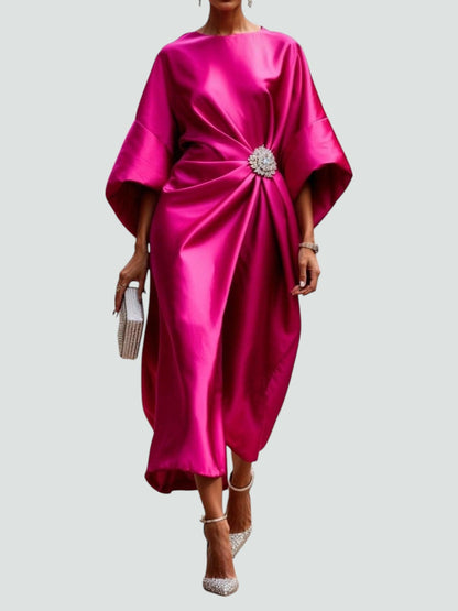 Luneth | Women's Midi Dress with Gathered Waist & Sparkling Brooch | Elegant Cocktail Dress for Wedding Guests