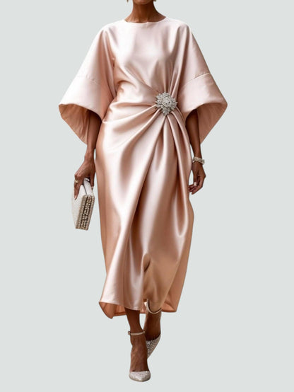 Luneth | Women's Midi Dress with Gathered Waist & Sparkling Brooch | Elegant Cocktail Dress for Wedding Guests