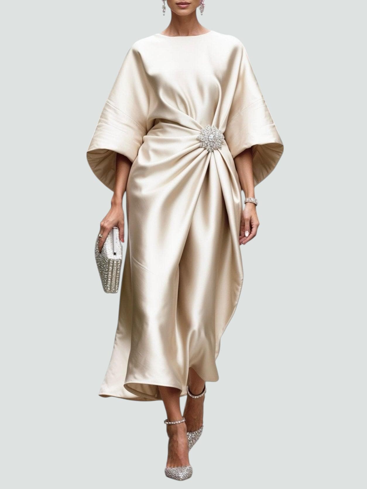 Luneth | Women's Midi Dress with Gathered Waist & Sparkling Brooch | Elegant Cocktail Dress for Wedding Guests