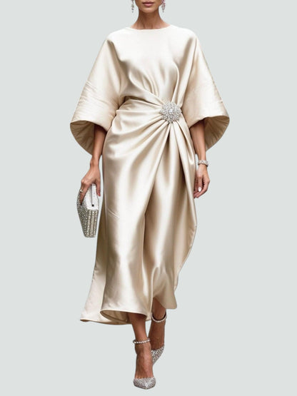 Luneth | Women's Midi Dress with Gathered Waist & Sparkling Brooch | Elegant Cocktail Dress for Wedding Guests