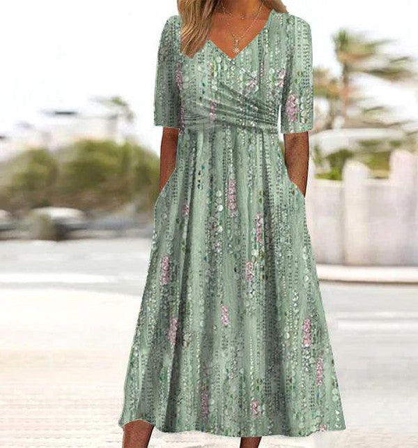 Women's Flared Midi Dress V-Neck Printed Short Sleeve Summer 1