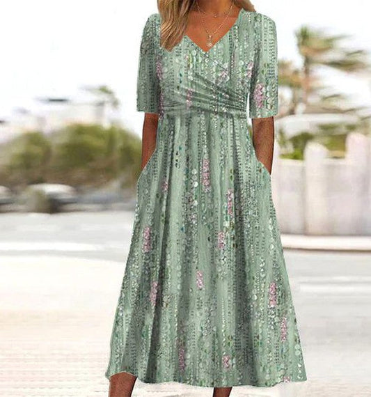 Women's Flared Midi Dress V-Neck Printed Short Sleeve Summer 1