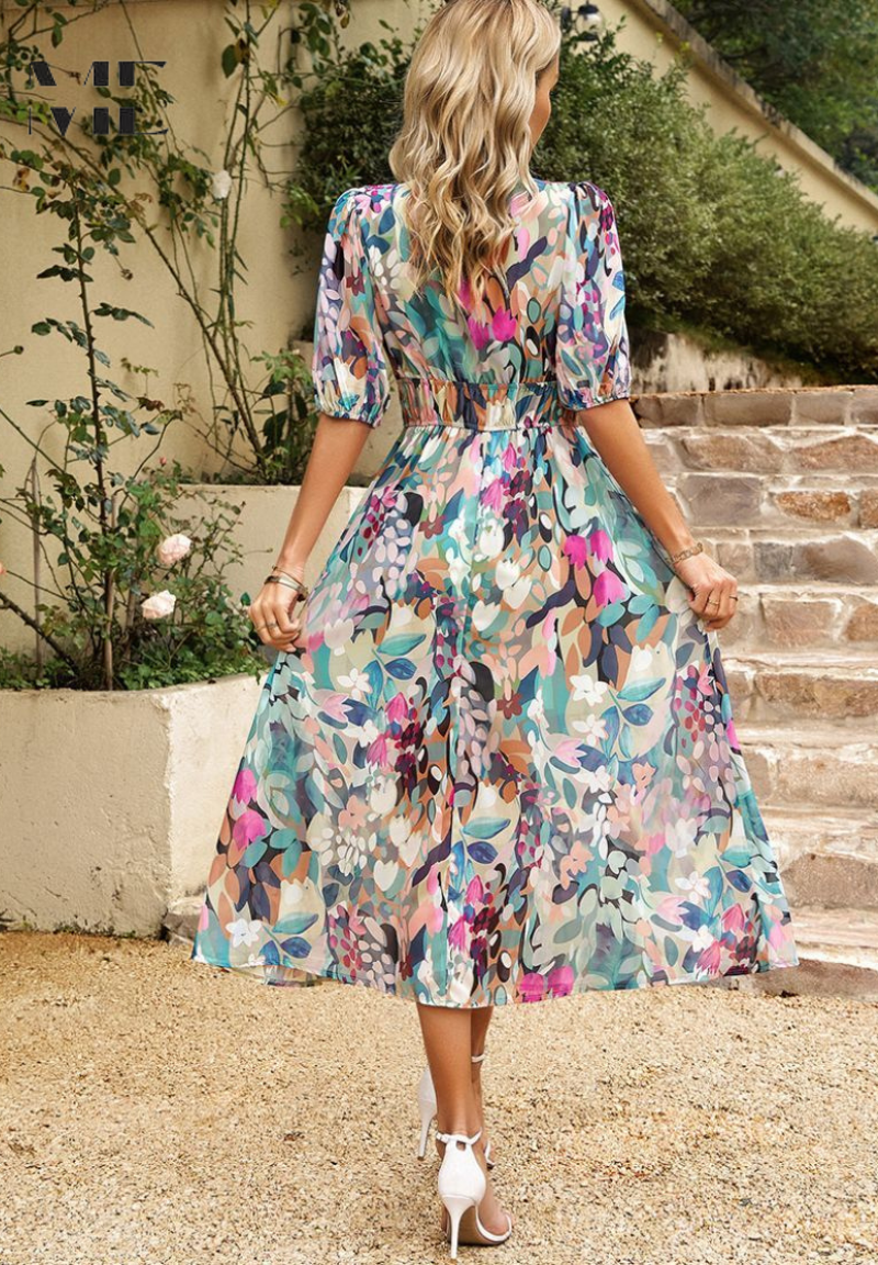 Makayla | Women's Floral Midi Dress with V Neck Design | Elegant Summer Wedding Guest Dress for Timeless Style