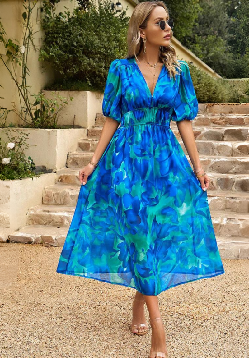 Makayla | Women's Floral Midi Dress with V Neck Design | Elegant Summer Wedding Guest Dress for Timeless Style