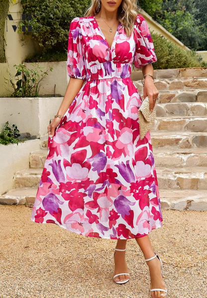 Makayla | Women's Floral Midi Dress with V Neck Design | Elegant Summer Wedding Guest Dress for Timeless Style