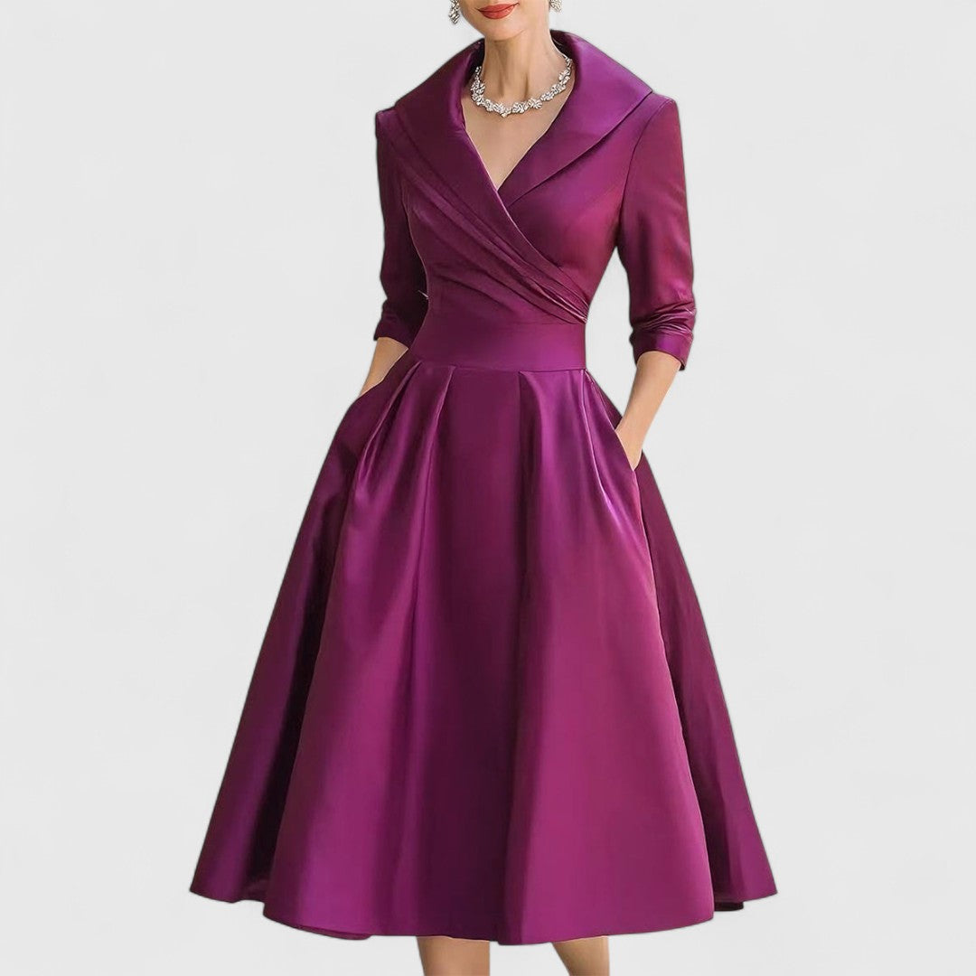Marley Quinn | Women's Dress with V-Neckline & Flared Skirt | Elegant Midi Dress for Wedding Guests