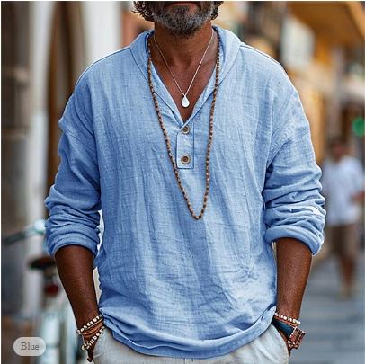 Men's Shirt | Long Sleeve Henley with Button Placket | Relaxed Fit for Everyday Comfort