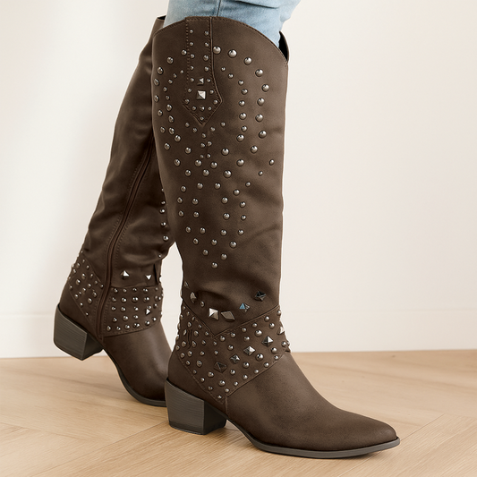 Modern Cowgirl | Brown Knee High Boots for Women with Studded Accents | Effortless Style for All Seasons