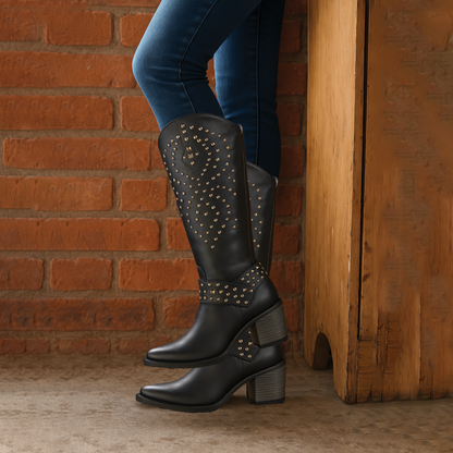 Modern Cowgirl | Brown Knee High Boots for Women with Studded Accents | Effortless Style for All Seasons