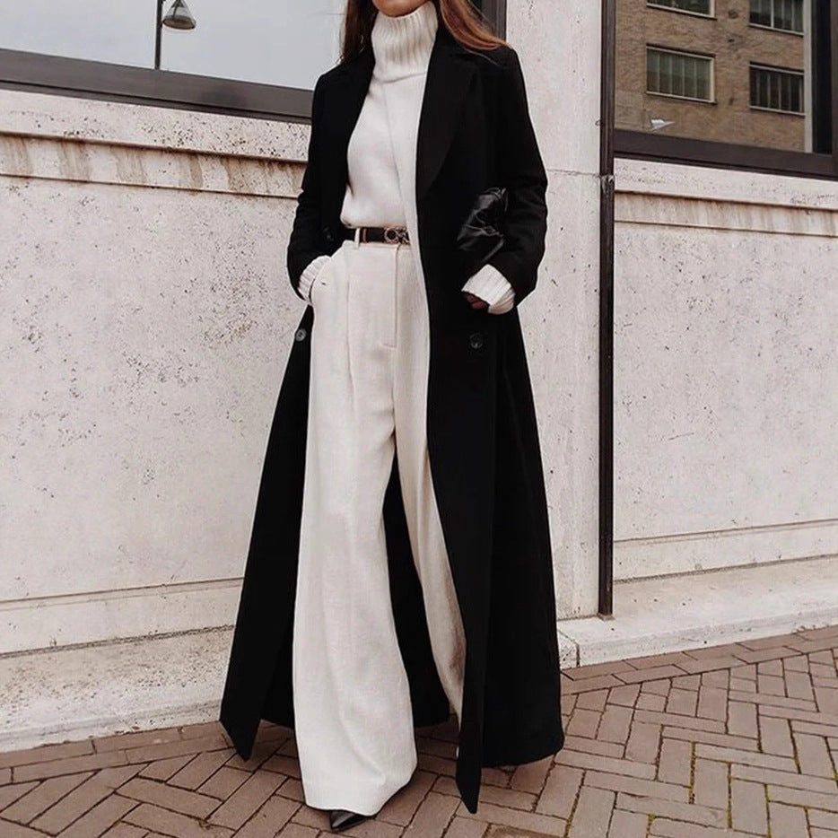 Women's Double-Breasted Longline Coat with Pockets 1