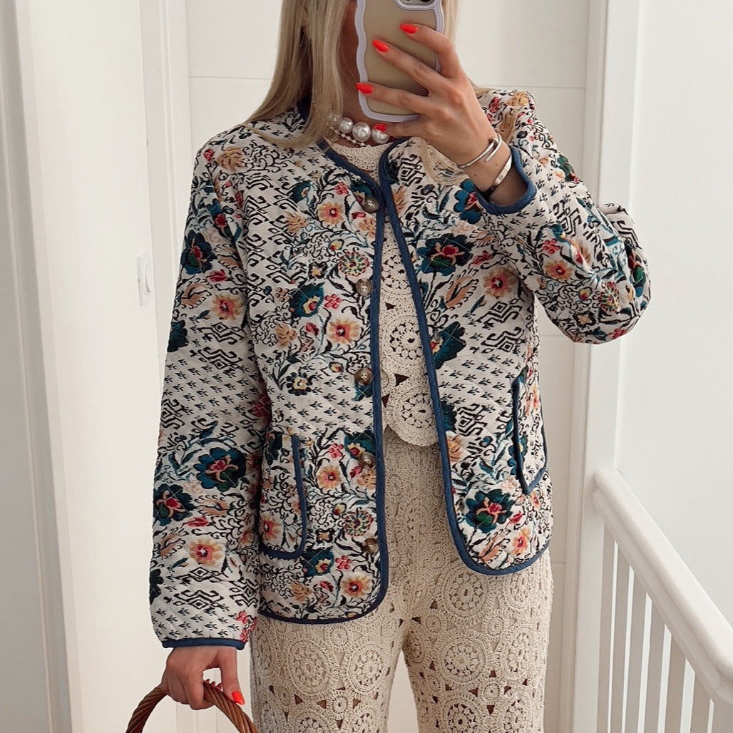 Women's Quilted Blouse Jacket — Mixed Floral-Ethnic Print 1