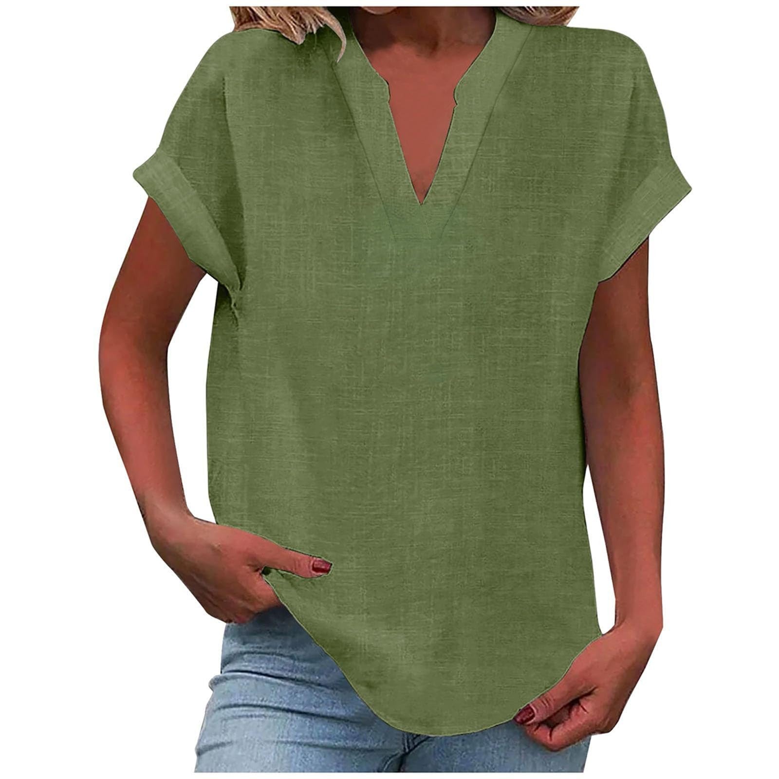 Relaxed V-Neck Blouse with Smooth Drape & Rolled Short Sleeves 14