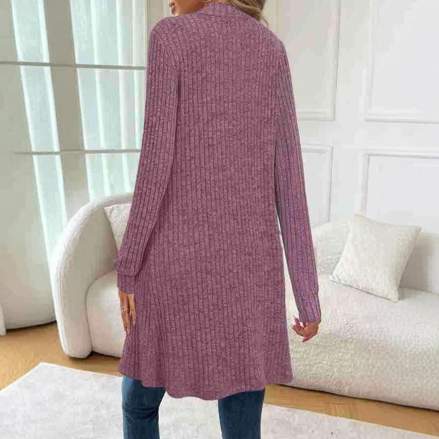 Women's Longline Ribbed Knit Cardigan with Front Pockets 3