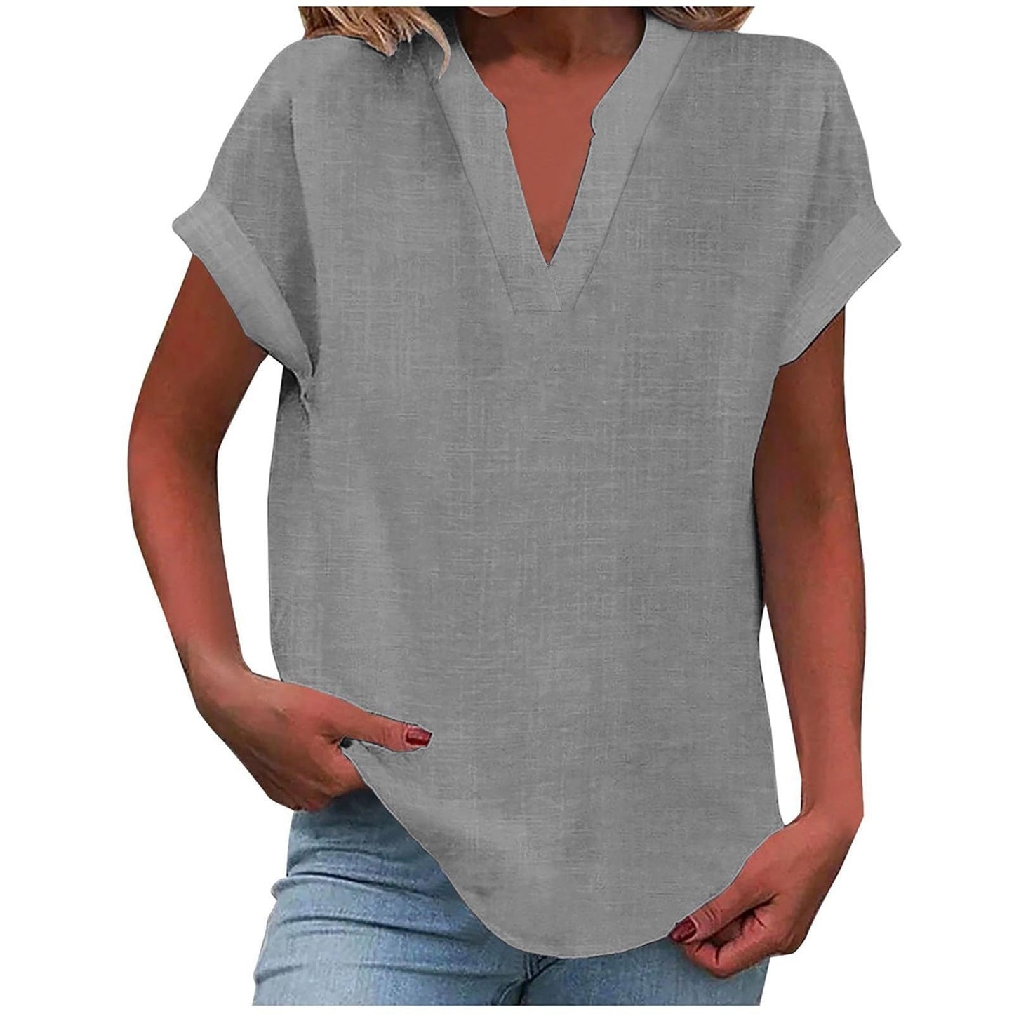 Relaxed V-Neck Blouse with Smooth Drape & Rolled Short Sleeves 5