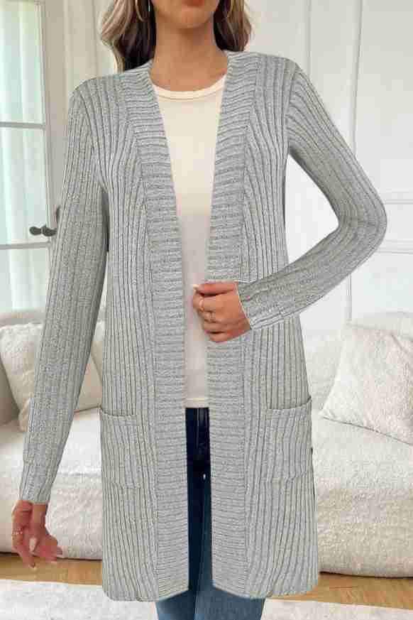 Women's Longline Ribbed Knit Cardigan with Front Pockets 6