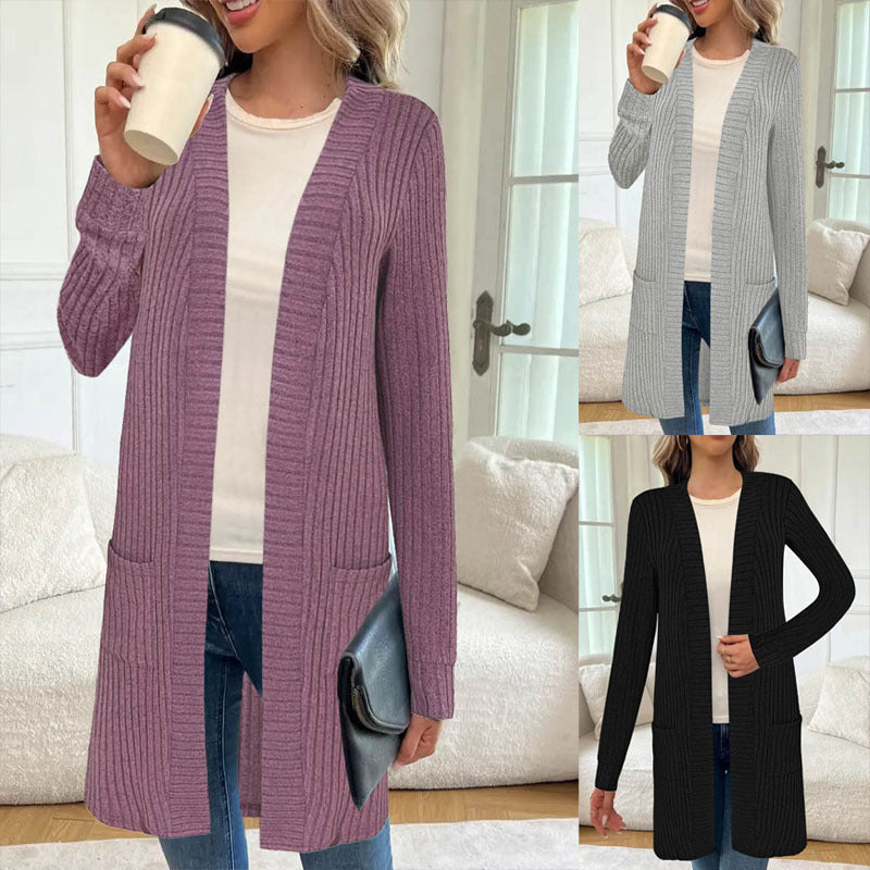 Women's Longline Ribbed Knit Cardigan with Front Pockets 1