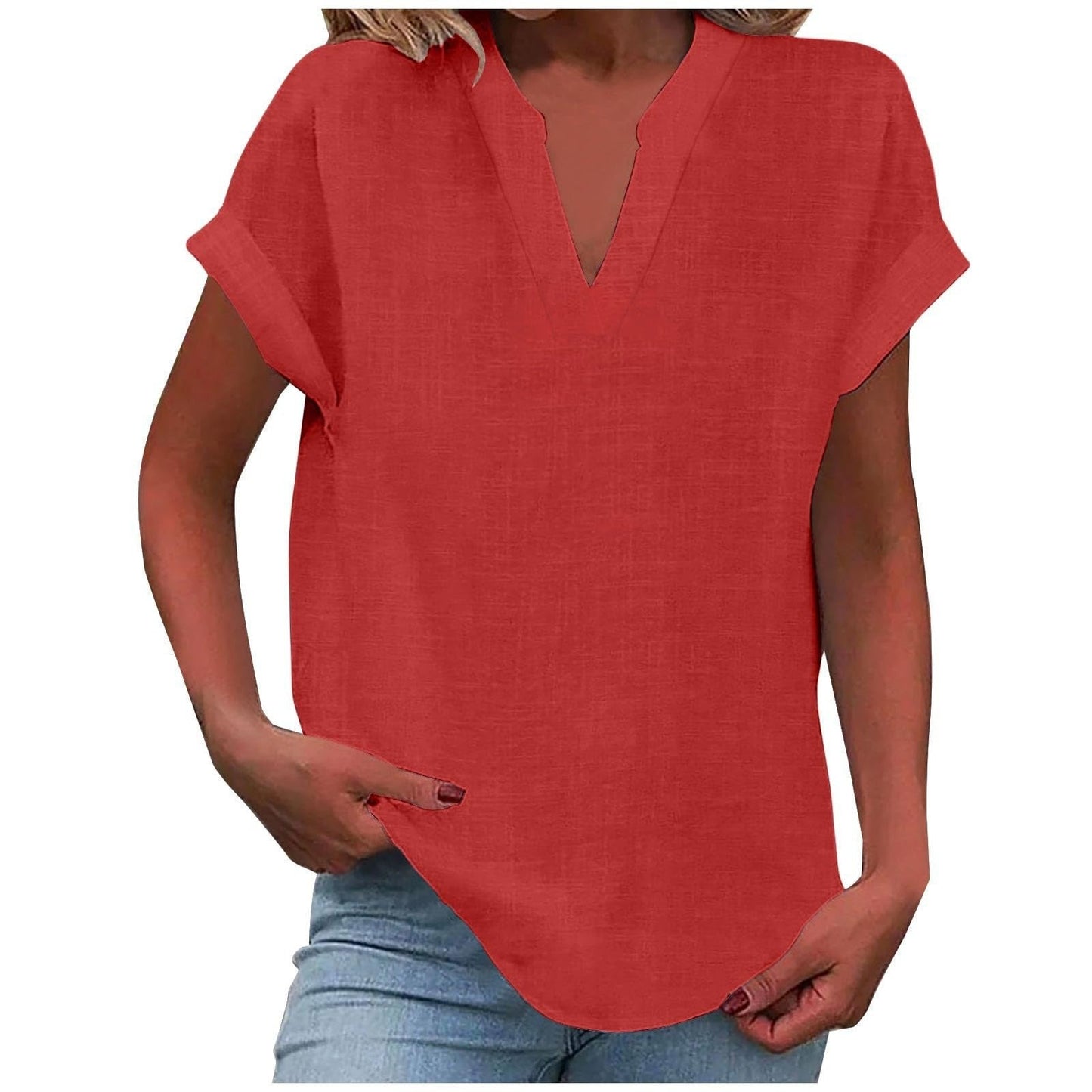 Relaxed V-Neck Blouse with Smooth Drape & Rolled Short Sleeves 4