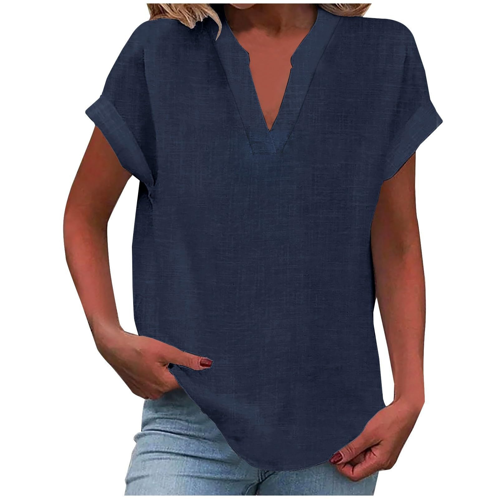 Relaxed V-Neck Blouse with Smooth Drape & Rolled Short Sleeves 12