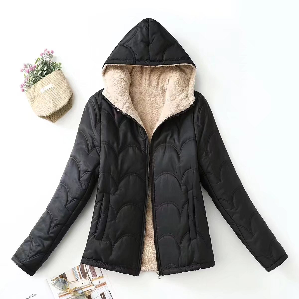 Women's Teddy-Lined Hooded Jacket — Zip-Up Wind Resistant 1