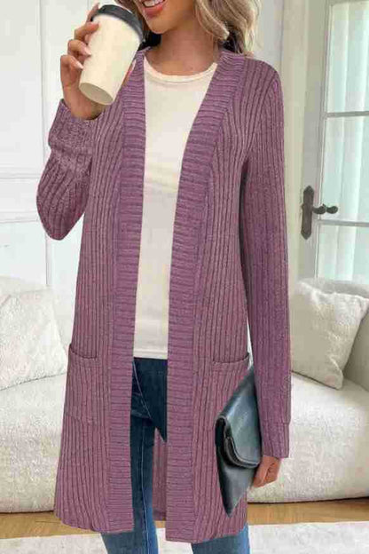 Women's Longline Ribbed Knit Cardigan with Front Pockets 7