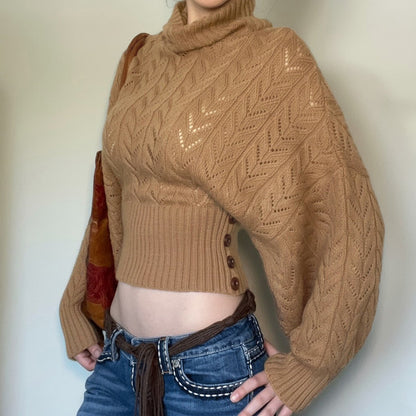 Cropped Balloon Sleeve Turtleneck Knit Sweater for Women 3