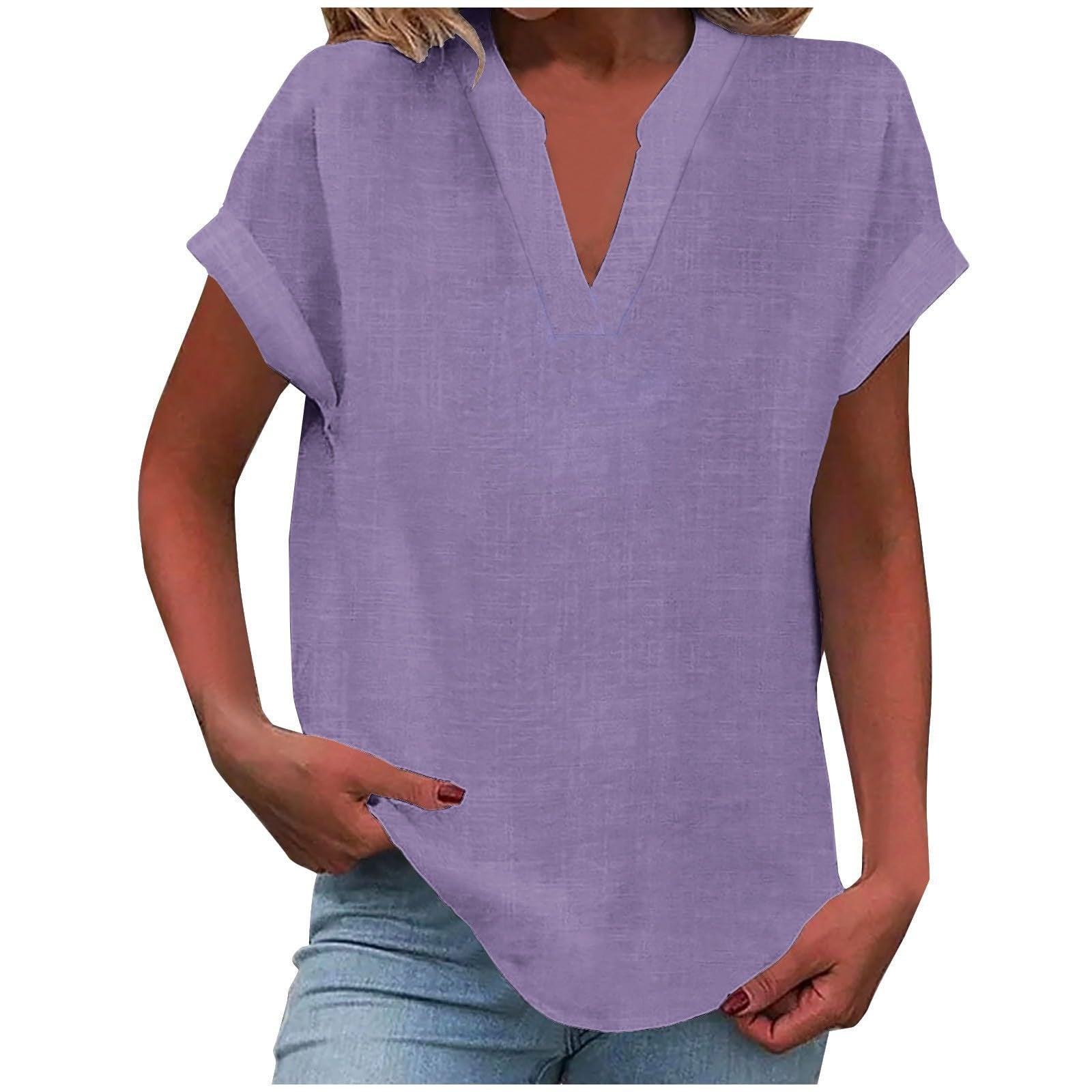 Relaxed V-Neck Blouse with Smooth Drape & Rolled Short Sleeves 1