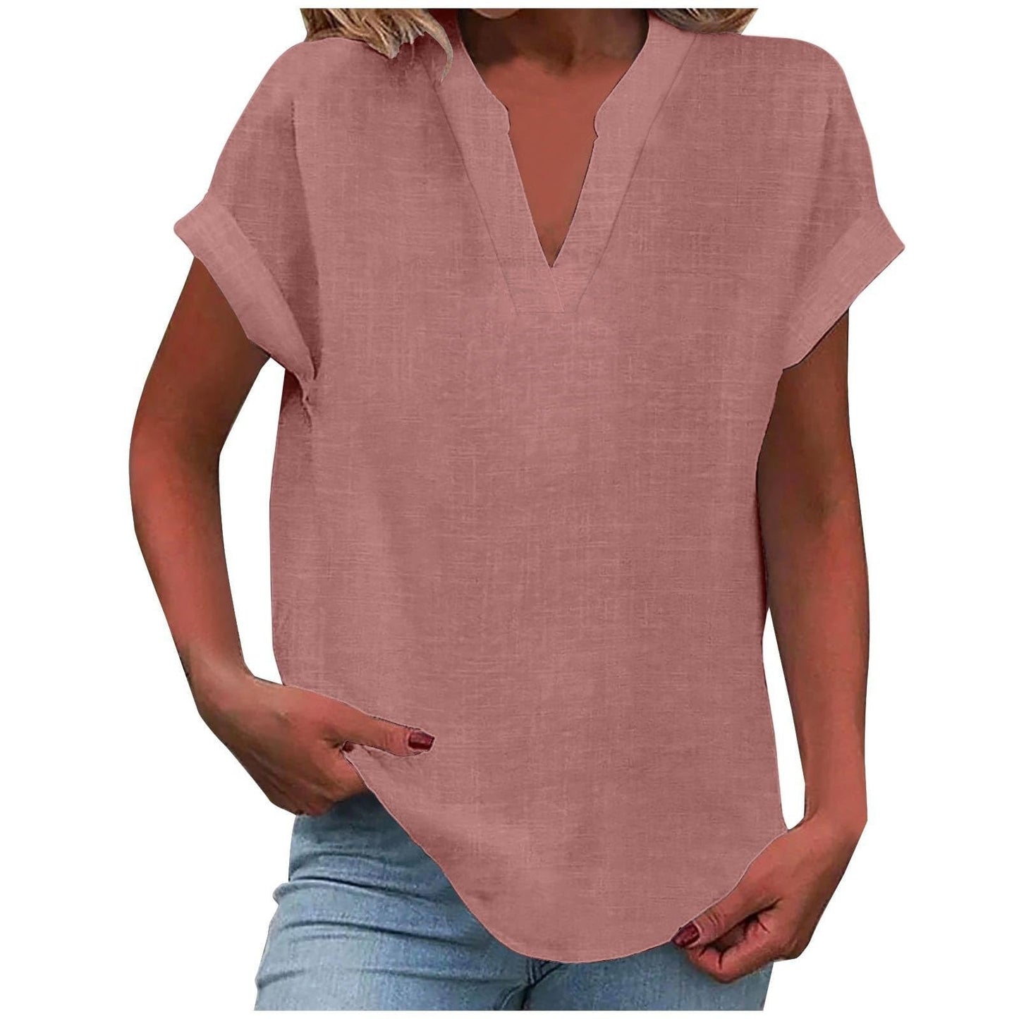 Relaxed V-Neck Blouse with Smooth Drape & Rolled Short Sleeves 2