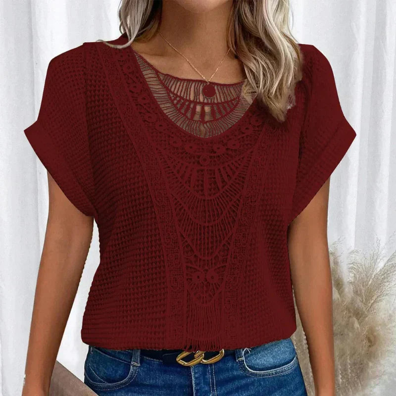 Women's Blouse with Decorative Crochet-Style Neckline Detail 10