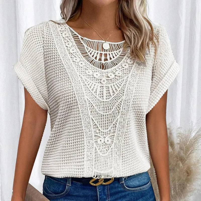 Women's Blouse with Decorative Crochet-Style Neckline Detail 11