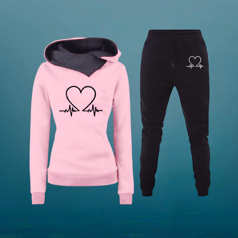 Women's Fleece Heartbeat Print Tracksuit Set — Cozy Two-Piece 1