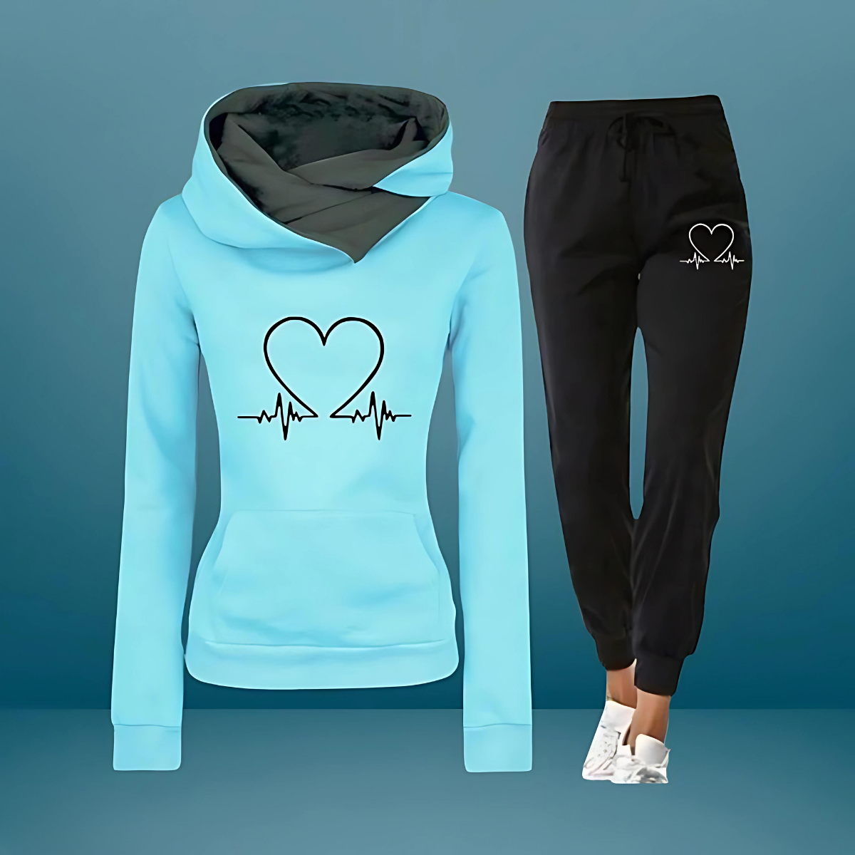 Women's Fleece Heartbeat Print Tracksuit Set — Cozy Two-Piece 2