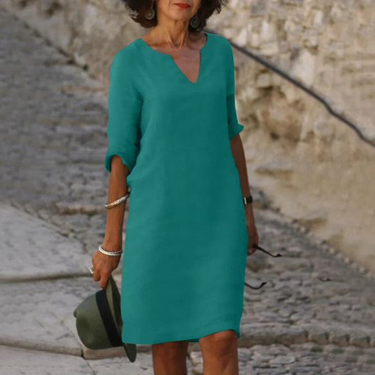 Piper Collection | Women's Dress - Casual V-Neck Shift with Pockets | Lightweight Cotton-Linen Blend for Effortless Summer Style