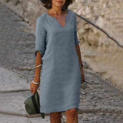 Piper Collection | Women's Dress - Casual V-Neck Shift with Pockets | Lightweight Cotton-Linen Blend for Effortless Summer Style