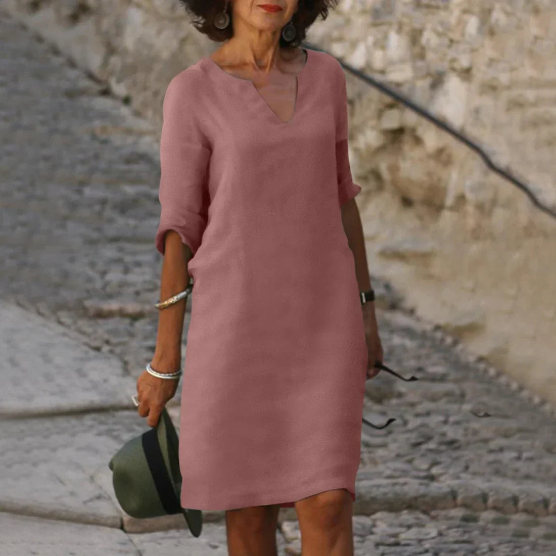 Piper Collection | Women's Dress - Casual V-Neck Shift with Pockets | Lightweight Cotton-Linen Blend for Effortless Summer Style