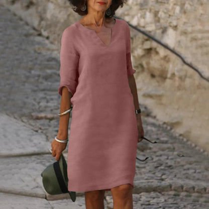 Piper Collection | Women's Dress - Casual V-Neck Shift with Pockets | Lightweight Cotton-Linen Blend for Effortless Summer Style