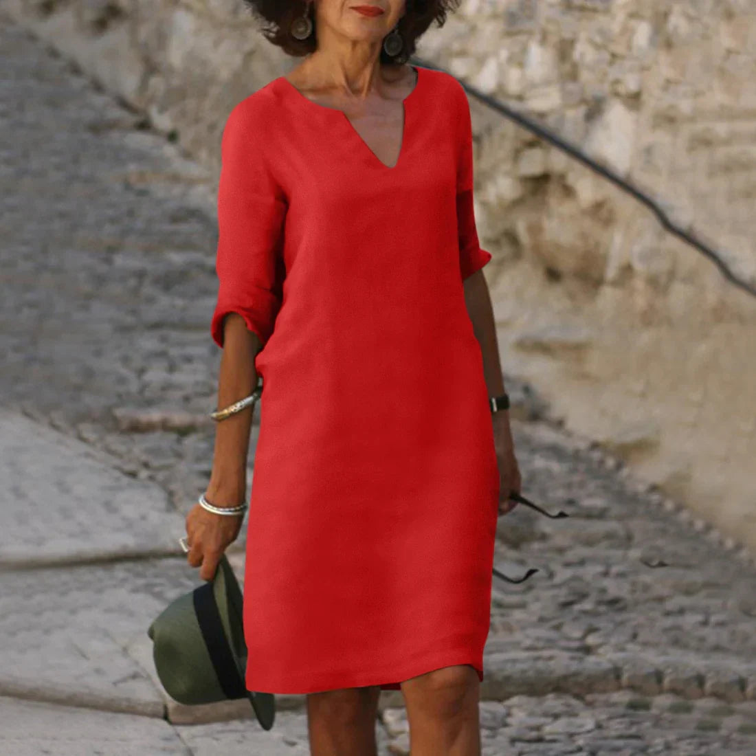 Piper Collection | Women's Dress - Casual V-Neck Shift with Pockets | Lightweight Cotton-Linen Blend for Effortless Summer Style