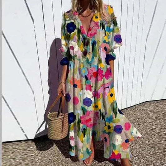 Poppy Collection | Women's Maxi Dress with Button-Down Front & Ruffled Cuffs | Effortless Summer Style for Any Occasion