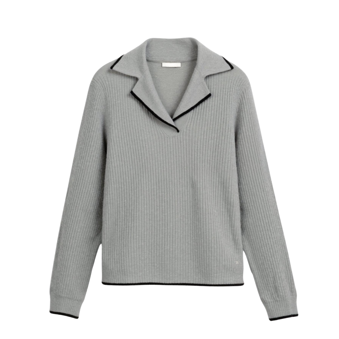 Contrast Trim Lapel Sweater — Lightweight Cotton Blend Knit 1