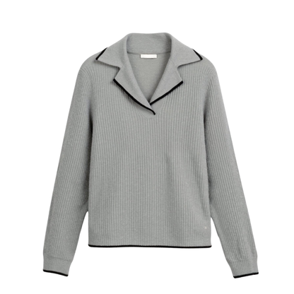 Contrast Trim Lapel Sweater — Lightweight Cotton Blend Knit 1
