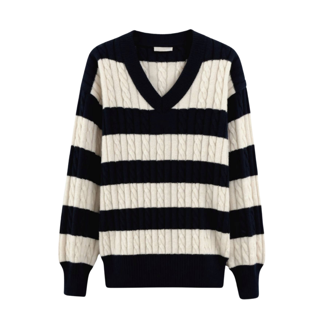 Cable Knit Color Block Sweater — Elegant Drop Shoulder V-Neck 1