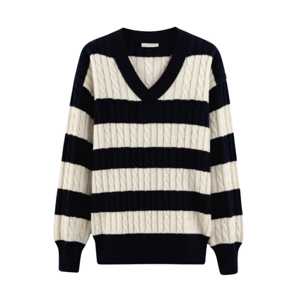 Cable Knit Color Block Sweater — Elegant Drop Shoulder V-Neck 1