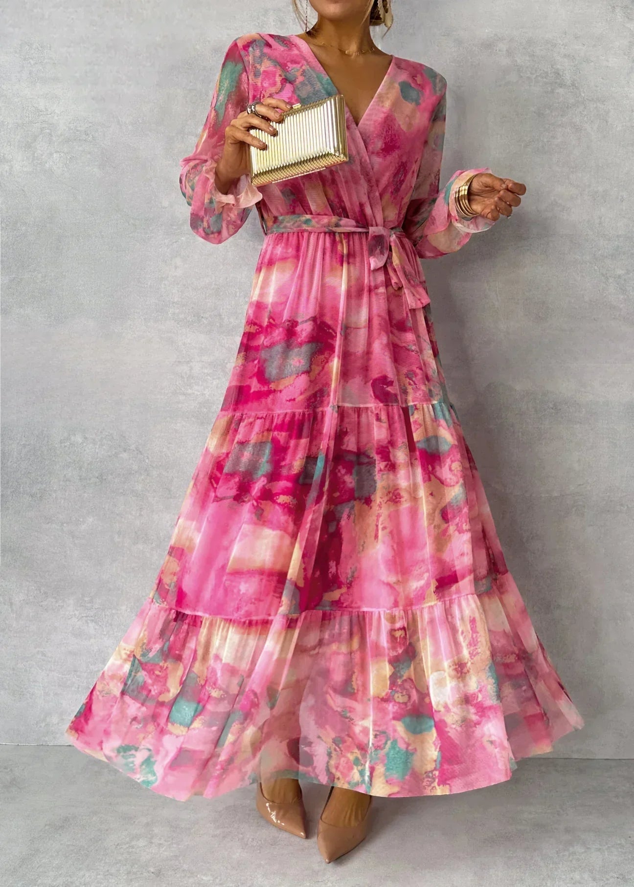 Rose Collection | Women's Floral Maxi Dress with Sheer Ruffled Sleeves | Elegant Wrap Design for Special Occasions