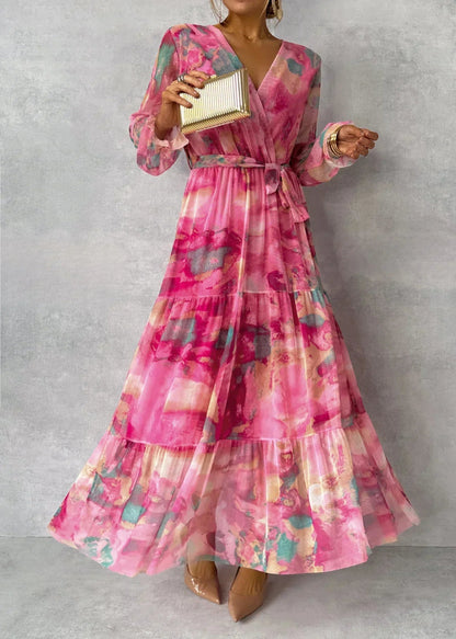 Rose Collection | Women's Floral Maxi Dress with Sheer Ruffled Sleeves | Elegant Wrap Design for Special Occasions