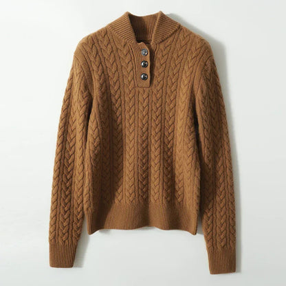 Women's Cable-Knit Cashmere Sweater — Button-Up Stand Collar 17