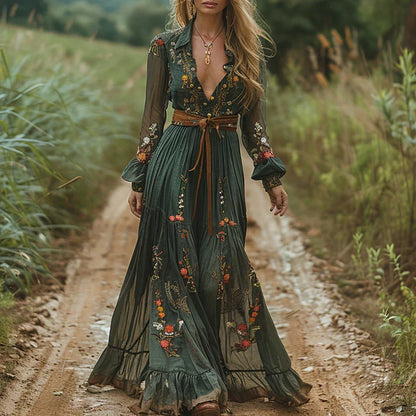 Embroidered Bohemian Maxi Dress - V-Neck Balloon Sleeve Tiered 1